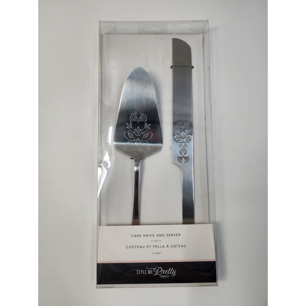 Style Me Pretty Cake Knife and Server Set Silver Etched Floral Wedding 34994 NEW